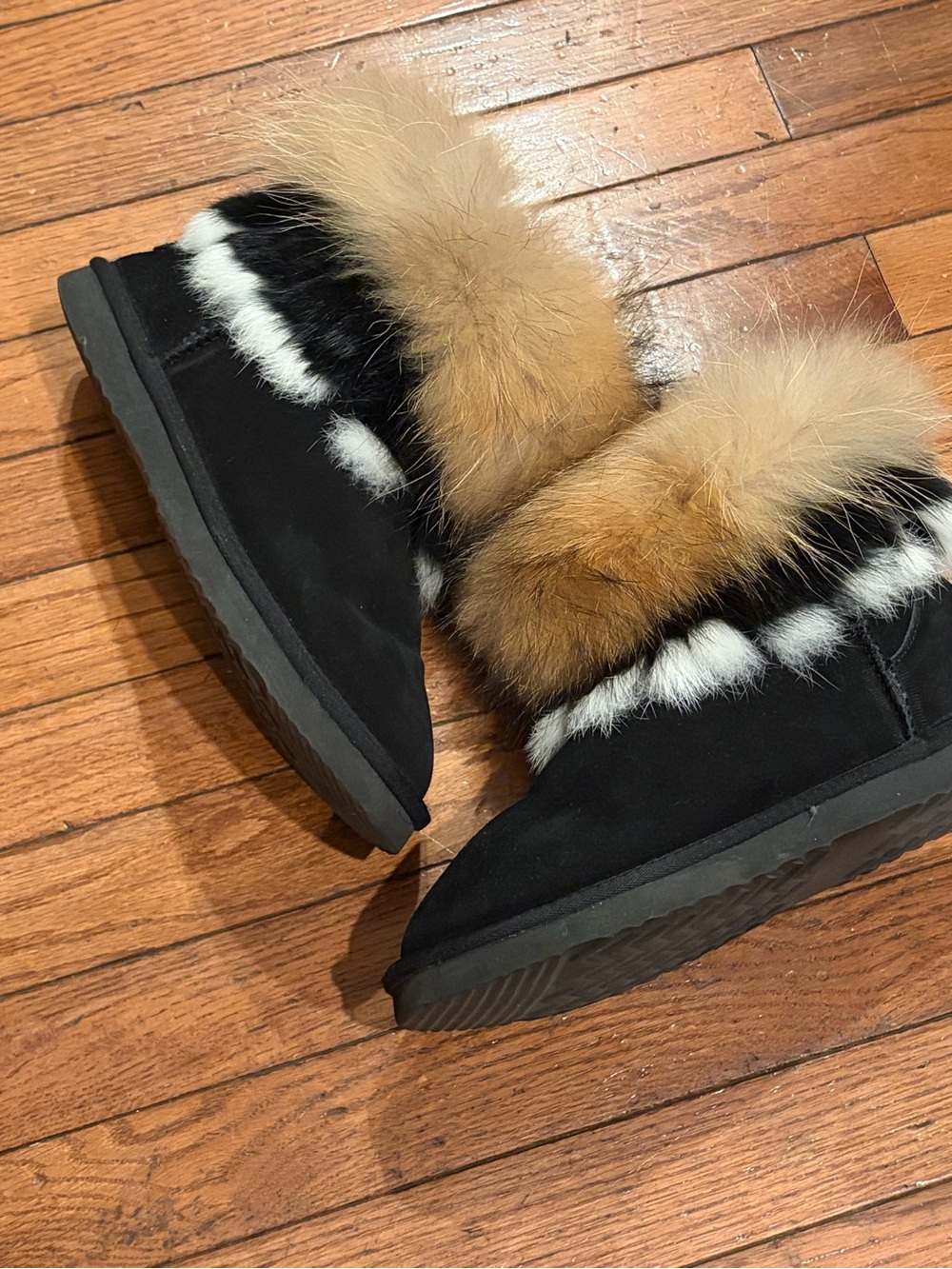 AUSLAND Black SUEDE LEATHER Multicolored Short Fur SHEEPSKIN BOOTS Sz 9.5/40